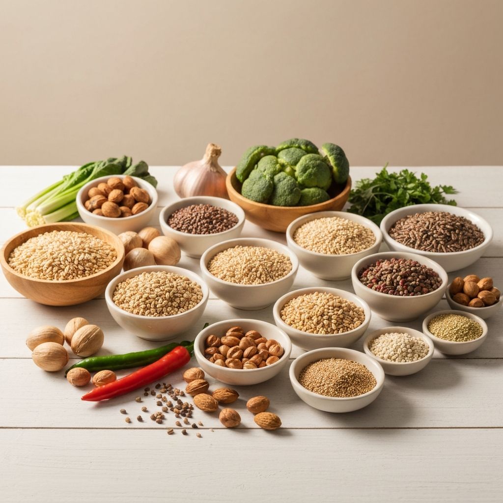 Ernährungsberater-Kontext: Frisches Gemüse, Vollkornprodukte und gesunde Lebensmittel auf heller Oberfläche