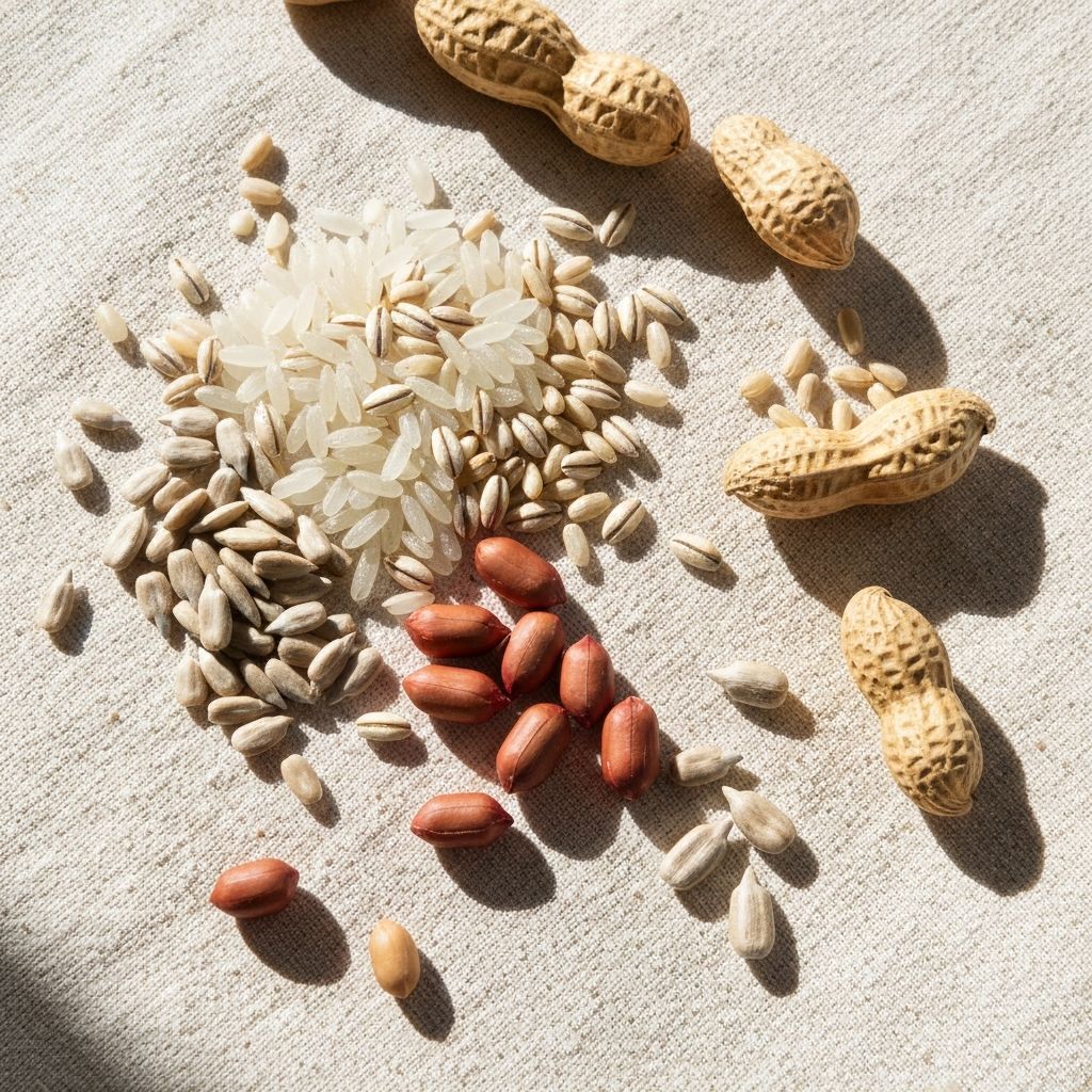 Niacin-Quellen: Vollkornreis, Gerste, Erdnüsse, Sonnenblumenkerne auf heller Leinenfläche