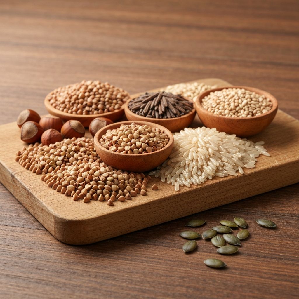 Getreidevielfalt: Buchweizen, Roggen, Braun- und Wildreis, Haselnüsse auf Schneidebrett